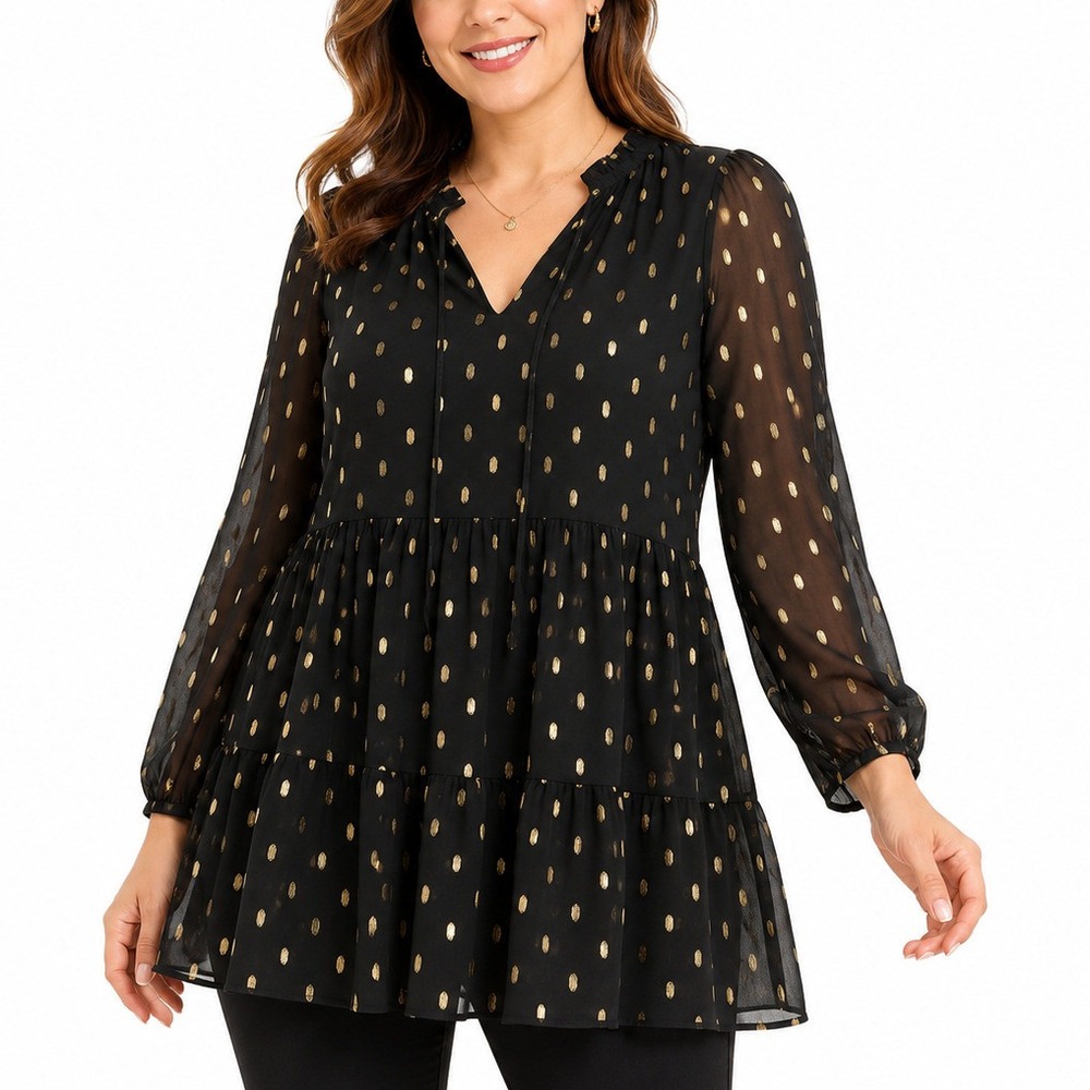 LOFT Outlet Petite Medium Petite Black Gold Metallic‎ Dot Tiered Tunic Blouse